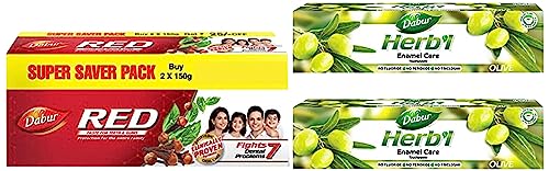 Image of Dabur Red Paste 300g & Dabur Herb'l Olive Enamel Care Toothpaste 150g (Pack of 2) | Supersaver Combo Pack