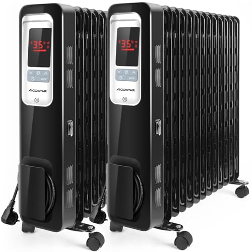 Aigostar Radiador de Aceite Portátil de 13 Elementos, Pantalla de Control LED, Mando a Distancia, 3 Modos y Función Eco, Silencioso, 2500W, Recomendado para Estancias de 25 m2, 2 Unidades