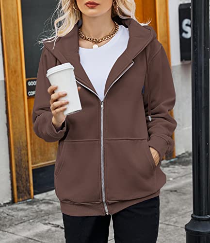 Beufri Women's Hoodies 2022 Fall Jacket Teen Girls Sweater Long Sleeve Sweatshirts Fashion Tops Zip Up Clothes Coffee M #TOP3