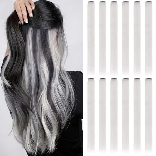 12 PcsSilver Gray Hair Extensions Clip In 22 Inch Straight Colored Hairpieces Hair Synthetic Cosplay Fashion Party Highlights Hair Accessories For Women (Silver Gray)