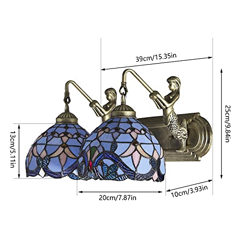 Image of Wall Sconce Vintage Style Stained Glass Bowl Wall Fixtures 2-Light Wall Light in Antique Brass with Mermaid for Bedroom Hallway Stairway Balcony