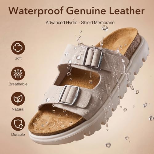 Image of ZURIN Genuine Leather Sandals for Women,Cork Footbed Slide Platform Sandals with Arch Support, Suede Double Buckle Slip On Slides for Summer Beach Walking Indoor Outdoor