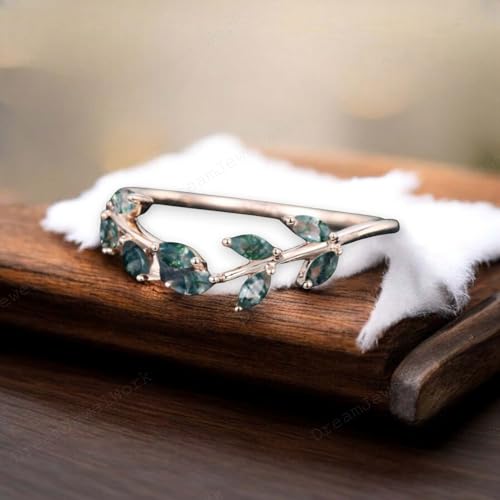 Marquise Cut Moss agate Curved wedding band 14k Rose Gold wedding Jewelry band Nature Inspire Leaf Art Deco Ring Bridal Promise Anniversary ring Valentine Day Gift For Her3