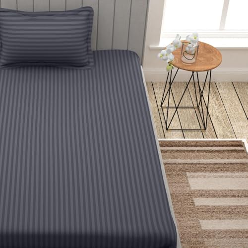 Image of Cotton Satin Stripes Single Bed Sheet with 1 Pillow Cover - Dark Grey
