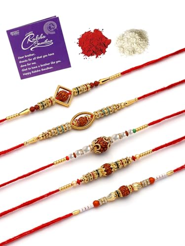 Image of Sukkhi Rakhi Classic Gold Plated with AD Stones & Pearls Rudraksha Rakshabandhan Combo Rakhi for Brother with Roli Chawal & Greeting Card|Set of 5|CBRAK107451