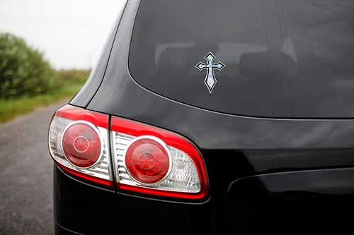Image of Elektroplate Christian Cross (Pointed Gothic) Metallic Reflective Decal (4 inch x 2.9 inch) | Premium Auto-Grade All Weather Sticker for Car, Water Bottle, Laptop, Cooler, Phone | Made in the USA