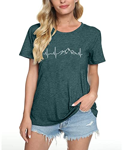 MYHALF Hiking Shirts Women Mountain Heartbeat T Shirt Camping Travel Graphic Casual Short Sleeve Tee Tops (Green, Medium)