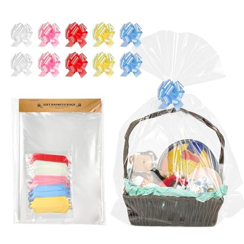 EKAPACKAGING 22x25 Inches 10 Pcs Large Cellophane Bags for Gift Baskets, Plastic Gift Basket Wrapping with Pull Ribbons, Clear Cellophane Gift Bags for Party, Mother’s Day, Baby Showers, Christmas