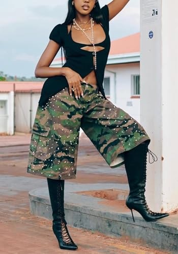 Image of Women's Barrel Camo Pants High Waisted Wide Leg Peated Palazzo Camouflage Capris Baggy Y2k Army Fatigue Trousers