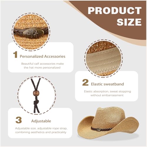 Image of Straw Cowboy Hats Western Cowgirl Hat for Holiday Woven Beach Sun Hat with Shapeable Wide Brim Cowboy Hat for Women /Men