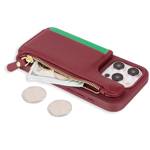 Image of Cavor for iPhone 13 Pro Case with Card Holder,for iPhone 13 Pro Wallet Case for Women Men,Leather Magnetic Clasp Zipper Pocket Protective Phone Cover-Wine red