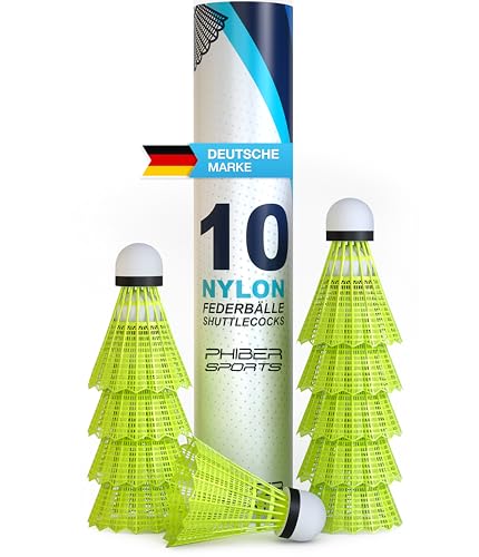 PHIBER-SPORTS Federbälle Badminton Bälle - Perfekte Spieleigenschaften - Ideal für Anfänger, Familien und Profis - Federball Bälle Speed - Für draußen & drinnen - Gelb [10 Stück]