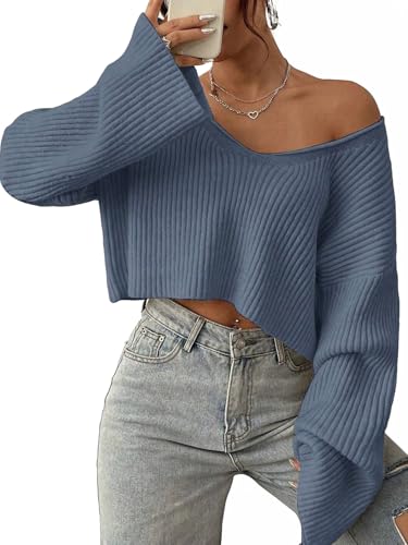 Narecte Women Cropped Sweater V Neck Sweaters Woman Long Sleeve Drop Shoulder Pullover Womens Sweaters Fall Sweaters