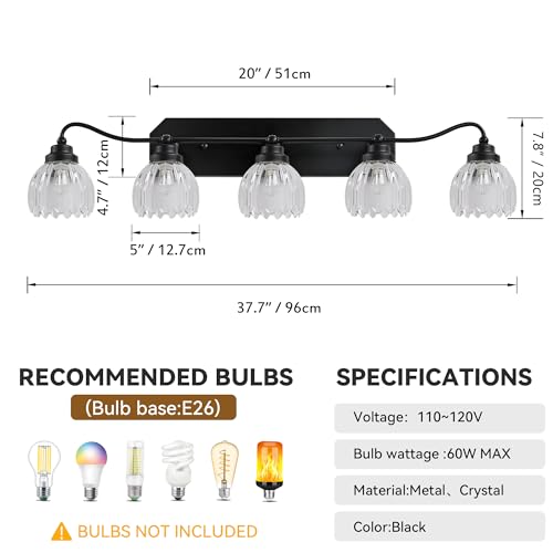 Image of Vintage Bathroom Light Fixtures, 5 Light Bathroom Vanity Light, Black Matte Antique Brass Finish with Crystal Glass Shade, Mid Century Wall Sconces for Bedroom, Living Room, Hallway