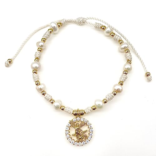 St Michael Archangel Pendant Medal on Adjustable Ivory Cord and Freshwater Pearls Wrist Adjustable Bracelet3