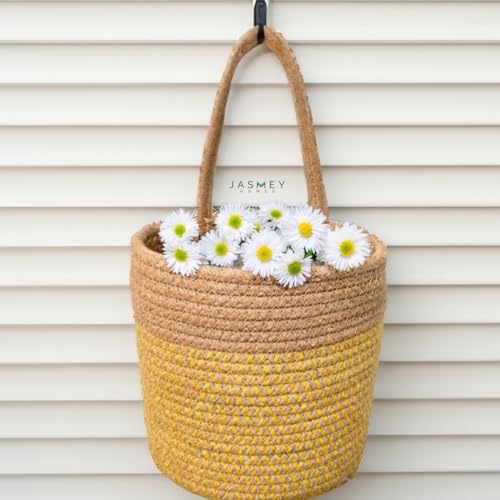 Image of JASMEY HOMES Wall Hanging Jute Basket for Vegetables /Newspaper Storage Box for Home /Milk Basket for Main Door Hanging (Yellow)