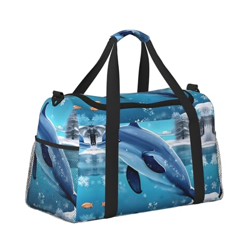 winter the dolphin Print Large Hand Travel Bag, Waterproof Tote Handbag for Women, Duffel Bag Sport Gym for Men3