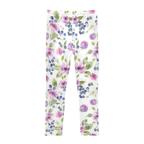 Watercolor Floral Blueberry Girls Leggings Ultra Soft Compression Yoga Gym Pants for Kids 4-10T2