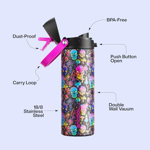Image of Insulated Water Bottle with Straw - Encool Stainless Steel Water Bottle with Push Button Lid, Leak-Proof & BPA-Free, Keeps Cold for 24 Hours for Sports, Travel, Gym (24 oz, Trippy Skulls)