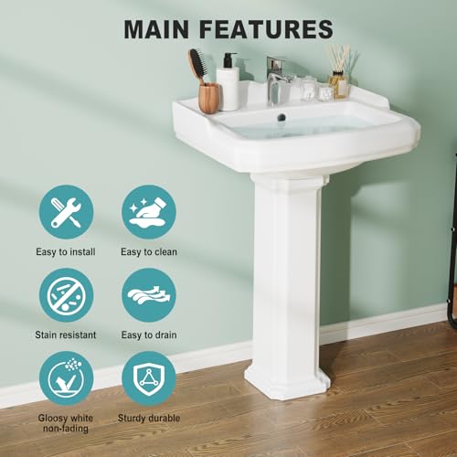 23" W X 19" D Bathroom Pedestal Sink, Vintage White Ceramic Vanity Sink with Overflow and Single Hole Faucet Pre-Drilled,Freestanding Restroom Sink Combo for Small Spaces by EliteEdge - Image 7