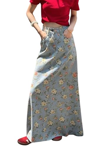 Women's Floral Printed Denim Maxi Skirt Casual High Waist A-Line Frayed Hem Long Jean Skirt