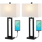 JONATHAN Y JYL1126C-SET2 Sabrina 28.5' Vintage Industrial Iron LED Table Lamp with Pull-Chain and USB Charging Port Mid-Century, Minimalist Bedside Desk Nightstand Lamp, Black (Set of 2)