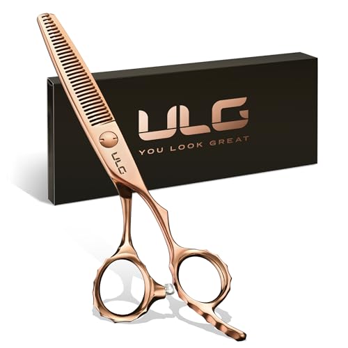 ULG Professional V-Tooth Hair Thinning Scissors Luxury 18K Rose Gold Coated 6.5" Barber Scissors 440C Japanese Stainless Steel Hand-Honed Convex Blades Offset Handles Tension Adjustable, Right-Handed