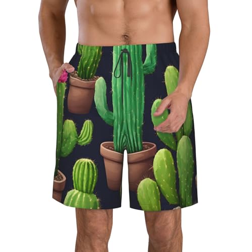 Green Cactus Print Stylish Men Beach Shorts Lightweight Cozy Swim Trunks Summer Casual Outings Holiday