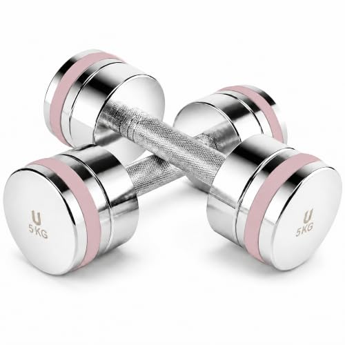 unycos - Par de Mancuernas Ajustables【5 kg】Acero Inoxidable Cromado, Pesas Compactas, Mango Antideslizante y Anillos de Silicona para Reducir la Fricción, Entrenamiento y Gimnasio en Casa (Rosa)