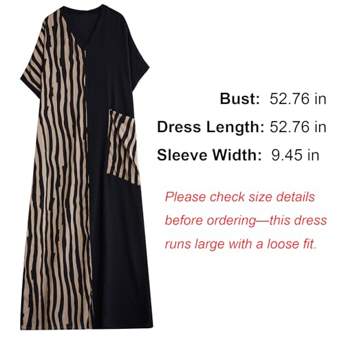 Women Plus Size Summer Dress Black & Brown Striped Patchwork Maxi Dress with Pockets Casual Loose Robe2