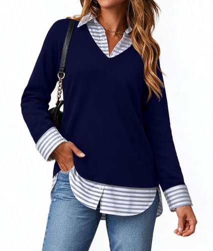 Image of Oyamiki Women's Casual Collared Curved Hem 2 in 1 Pullover Tops Plaid Contrast Shirt Blouse