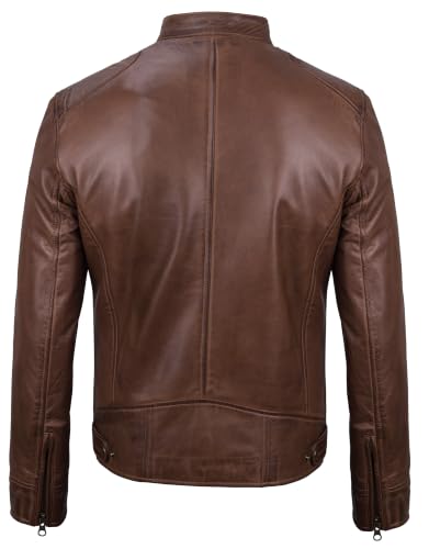 Image of fjackets Mens Leather Jacket - Real Lambskin Cafe Racer Jacket Stand Collar Moto Biker Zip Jacket For Men