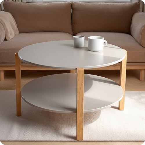 POSNORD Table Basse Ronde Beige – Table de Salon en MDF avec Pieds en Bois de Hêtre, Design Scandinave Intemporel Idéale pour Séjour et Chambre