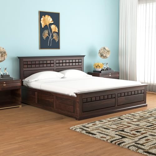 Image of Sheesham Wood King Size Bed with Storage Box | Wooden Box Bed King Size Double Cot Bed with Storage for Bedroom | Chocolate Dalla Design Headboard Bed for Hotel, Home | Walnut Finish
