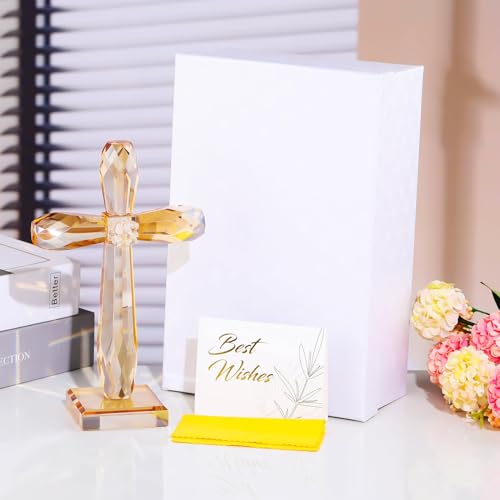 Image of YWHL Champagne Crystal Standing Cross Figurine, Religious Gifts for Women