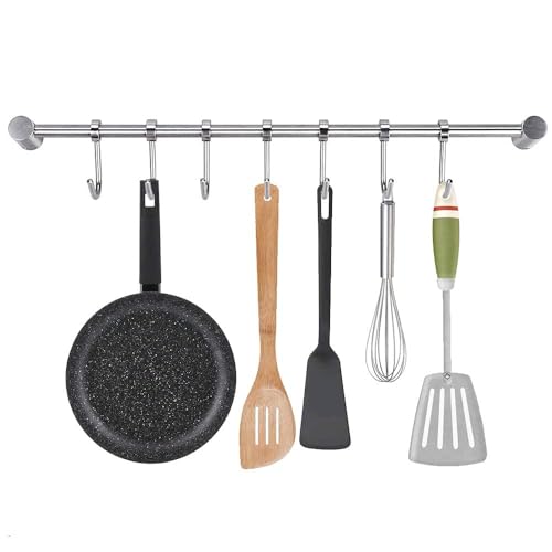 Zythrem Kitchen Utensil Rack Kitchen Hanging Rail Utensil Holder 40cm Wall Mounted Pot Pan Racks Stainless Steel Hanging Kitchen Rail with 7 Removable Hooks Hanger Organizer for Utensil Mugs Spoons
