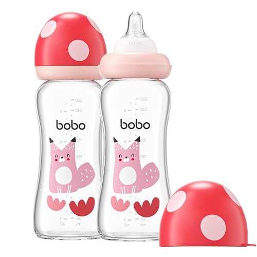Image of YOHKOH Natural Glass Baby Bottle with Natural Response Nipple, Newborn Anti-Colic Baby Bottles, Wide Neck Mushroom Cap Baby Bottle, Clear (8.8ounce (Pack of 2), Red2)