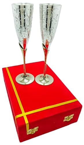 Rynass Royal Handmade Engraved Silver Plated Brass Champagne Toasting Flutes Set Of 2 Wine Glasses Goblets For Wedding With Presentation Velvet Box (With Box) #TOP2