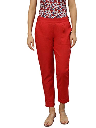 Image of Yash Gallery Women's Regular Fit Mid Rise Solid Cotton Slub Ankle Length Regular Trouser Pant