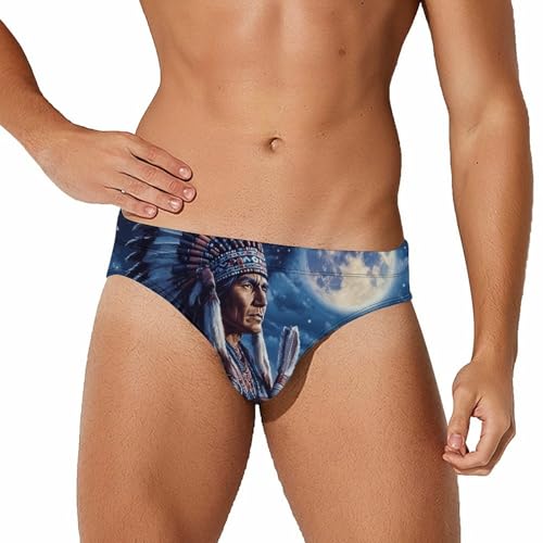 Native USA Indian Moon Wolf Men's Swimming Trunks Briefs Beach Swimwear Low Rise Bikini Swimsuit Print Bathing Suit