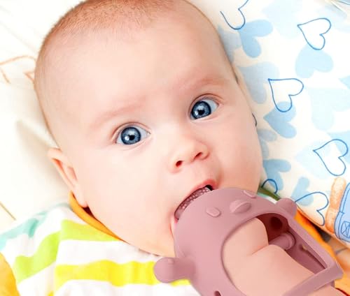 Image of PandaEar Silicone Baby Teething Toys| Baby Hand Teether Mitten for Sucking Needs| Chew Toys Hand Pacifier for Soothing Teething Pain Relief (Rattle Penguin Dark Pink)