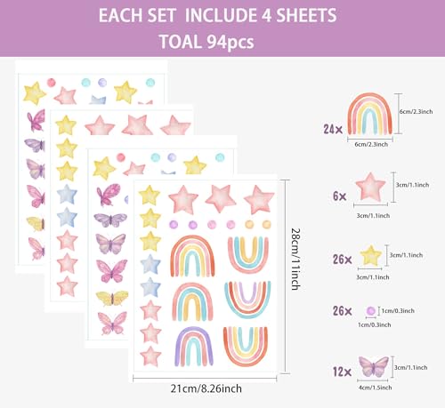 Geliking Rainbow Wall Stickers, 94 Pieces, Watercolor Rainbow Heart Sun Star, PVC, Matte, Colorful, Whimsical, Indoor, Wall Stickers - Image 3