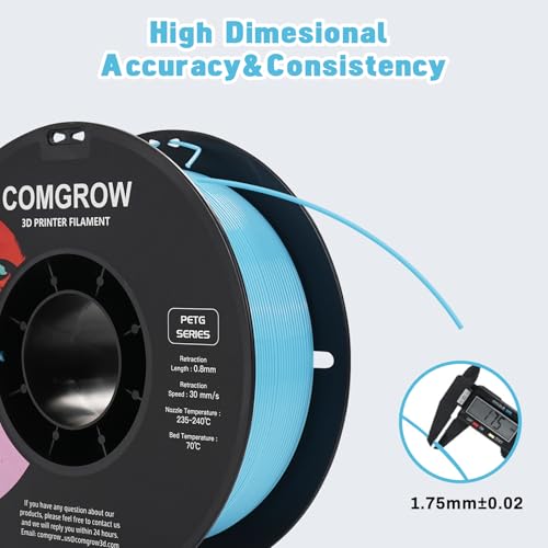 Image of Comgrow PETG 3D Printer Filament 1.75mm, High Precision and Tough 3D Printer Filament 1kg (2.2LBS), Dimensional Accuracy + /- 0.02 mm, Fit Most 3D Printers Light Blue