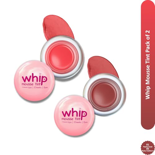 Image of Glam21 Whip Mousse Tint 3-in-1 | Lip, Cheek & Eye Tint | Vitamin E, Jojoba Oil & Shea Butter | Waterproof, Long-Lasting, Highly Pigmented | Lightweight Travel-Friendly Makeup | 4gm Each | Combo Pack Of 2 (Peachy Coral&Rusty Cranberry)