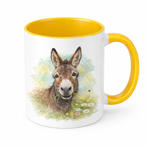 Image of Brew Crew Gifts Donkey Watercolour Mug, White Ceramic, 11 oz, Dishwasher Safe, Microwave Safe Farmyard Theme (Yellow)