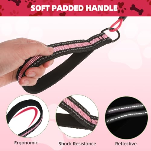 Image of Mihachi Dog Leash Chew Proof, Soft Reflective Padded Handle Dog Chain Leashes, Waterproof Anti Biting Pets Leashes, Stainless Steel Wire Rope Lead for Small Medium Large Dogs Outdoor, 5FT, Pink