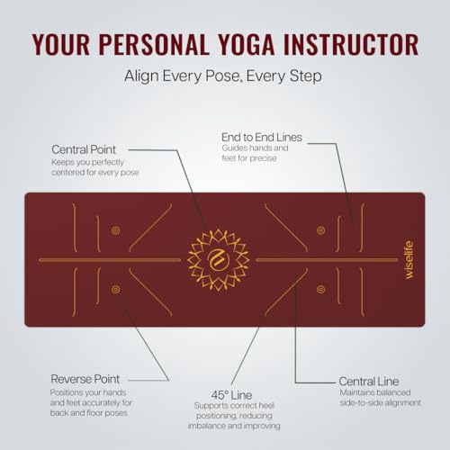 Image of WiseLife TRUE Body Alignment Yoga Mat with Strap - Extra Wide 10mm Non-Slip ECO TPE Exercise Mat for Yoga, Pilates, Home Workout & Gym - Alignment Lines, Eco Friendly (Wine)