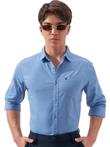 Image of Highlander Men's Blue Solid Slim Fit Casual Shirt | Sleek & Versatile | A Timeless Wardrobe Essential