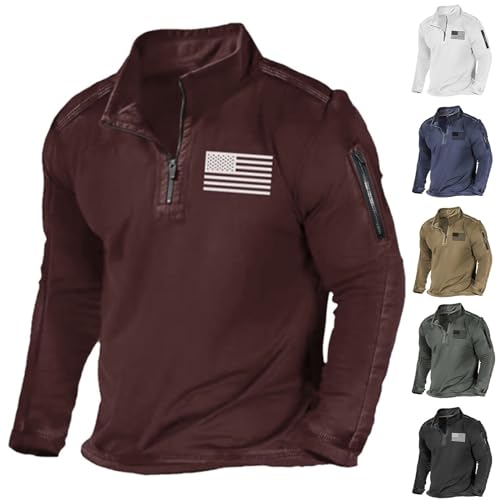 Mens Tactical Sweatshirts with No Hood Long Sleeve Stand Collar Casual 1/4 Zip American Flag Patriotic Pullover Sweater Tops2