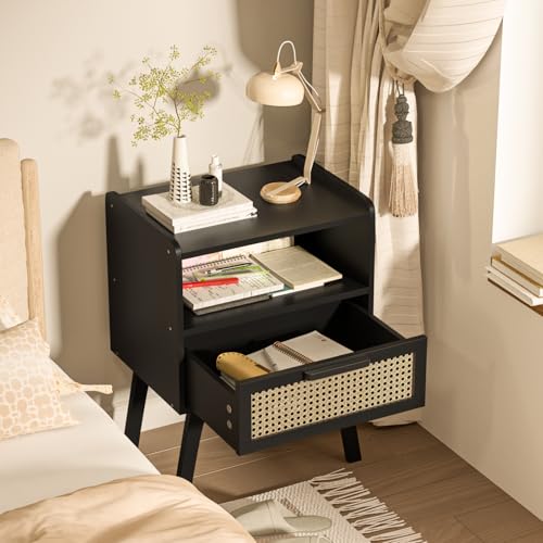 Image of Lerliuo Rattan Nightstand, Bedside Table with Drawer Open Shelf, Cane Accent Side End Table with Solid Wood Legs, Black Mid Century Night Stand for Bedroom, Dorm and Small Spaces